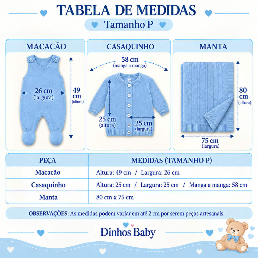 Tabela de medidas Saída de Maternidade Salopete Dinhos Baby