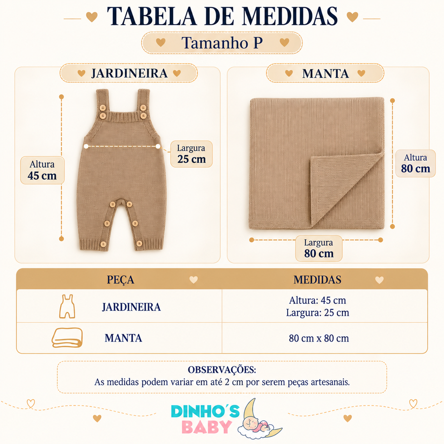 Tabela de medidas Saída de Maternidade Jardineira B.N. Dinhos Baby
