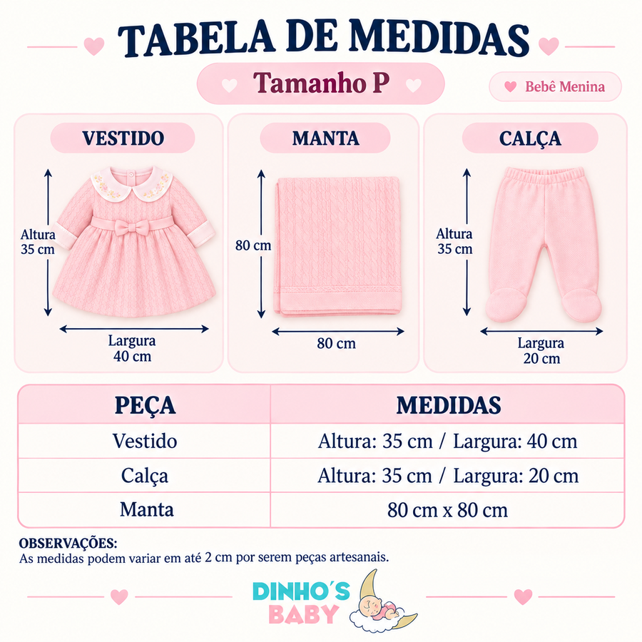 Tabela de medidas Saída de Maternidade Vestido Dinhos Baby