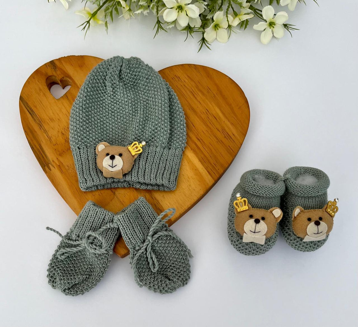 Touca Luva Sapatinho Bebê Urso Princípe