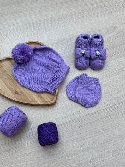 Touca Luva Sapatinho Bebê Tricot Brilho