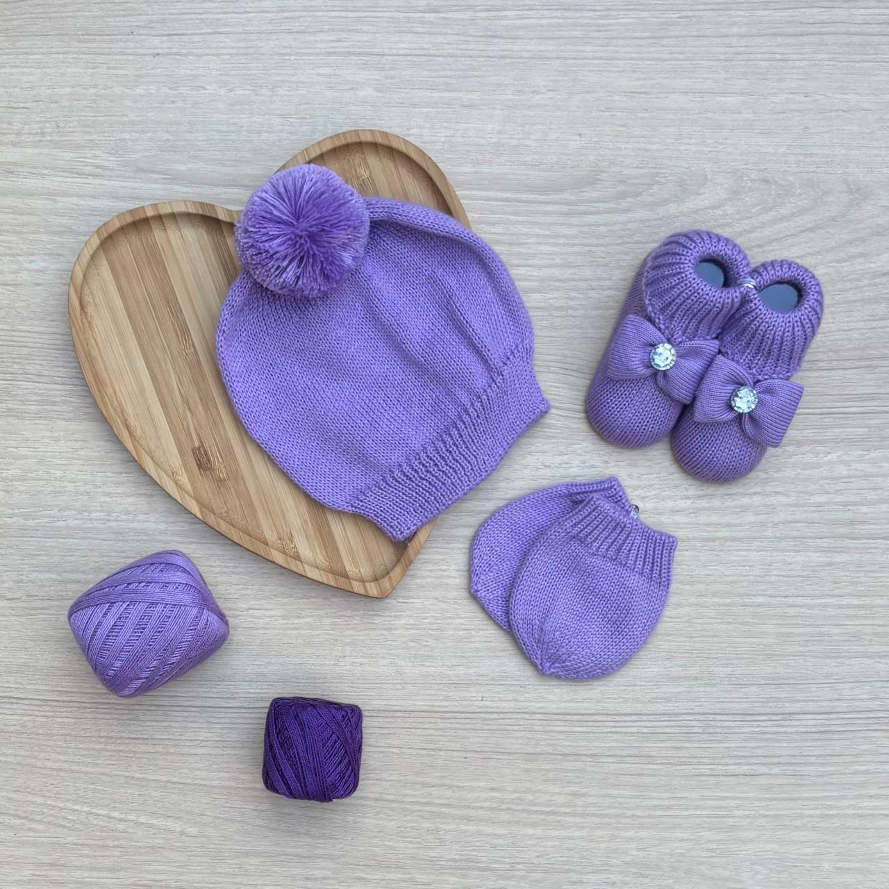 Touca Luva Sapatinho Bebê Tricot Brilho