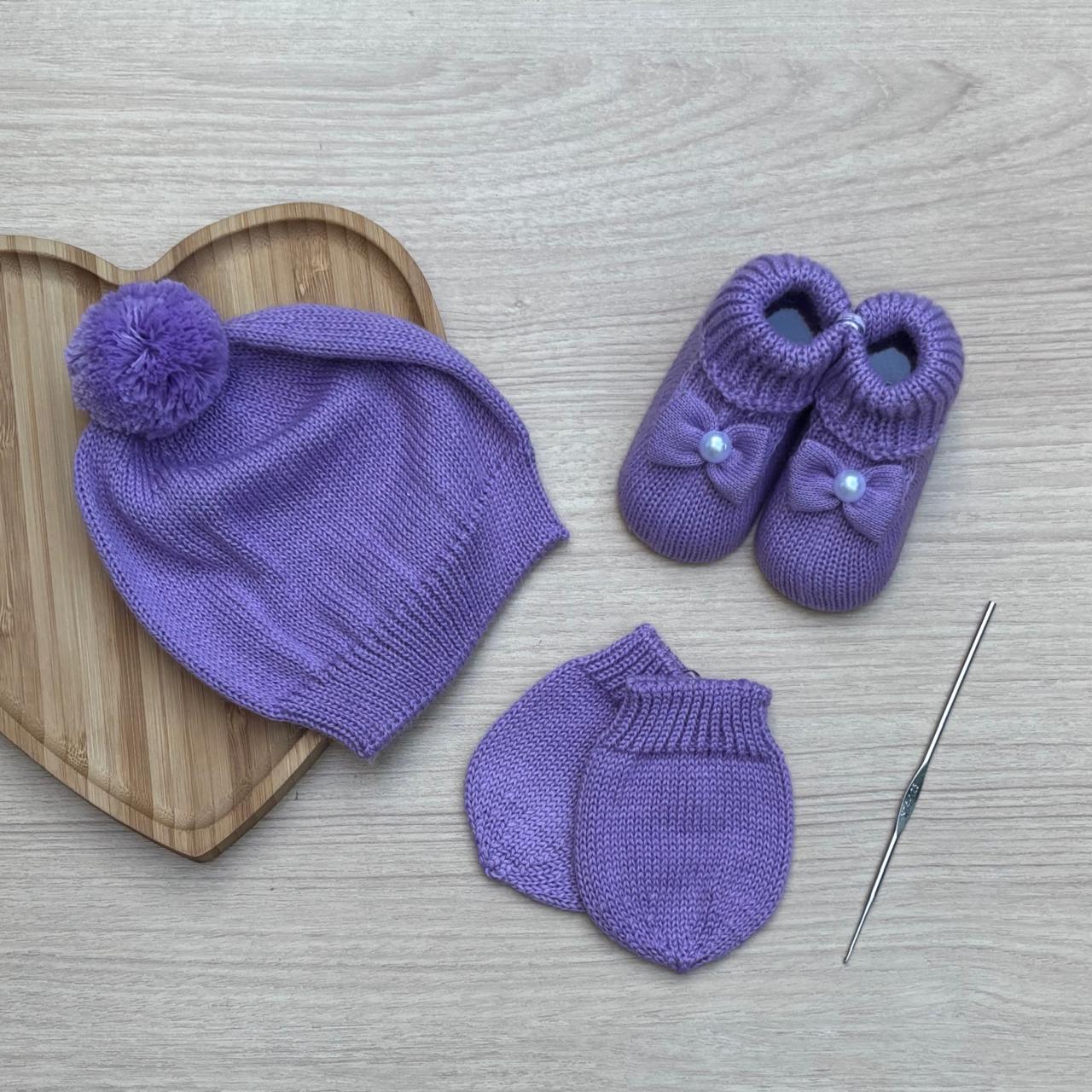 Touca Luva Sapatinho Bebê Tricot Pérola