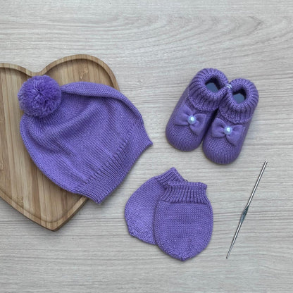 Touca Luva Sapatinho Bebê Tricot Pérola