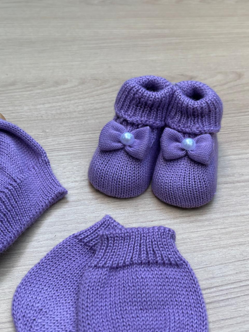Touca Luva Sapatinho Bebê Tricot Pérola