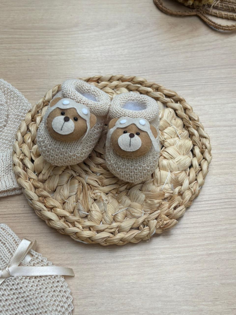 Touca Luva Sapatinho Bebê Urso Aviador