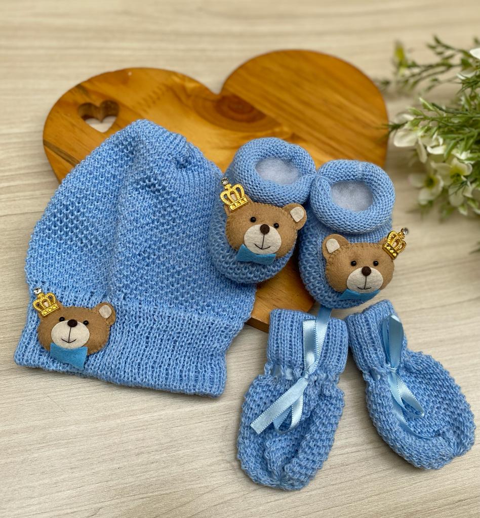 Touca Luva Sapatinho Bebê Urso Princípe
