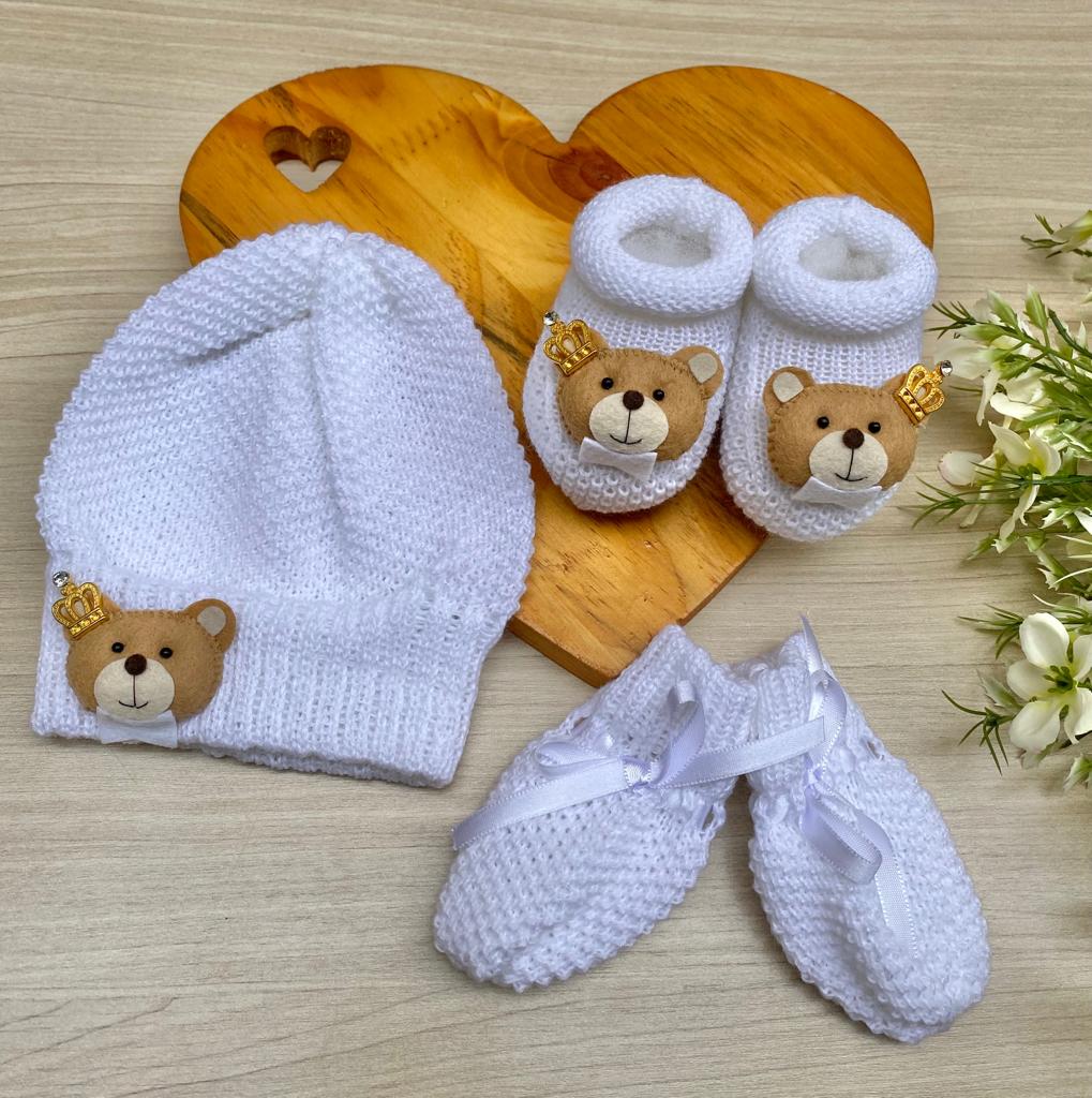 Touca Luva Sapatinho Bebê Urso Princípe