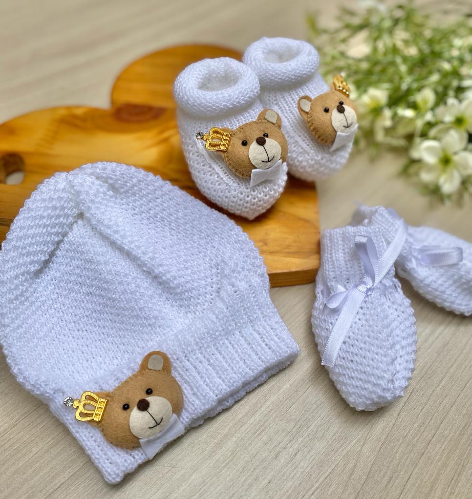 Touca Luva Sapatinho Bebê Urso Princípe