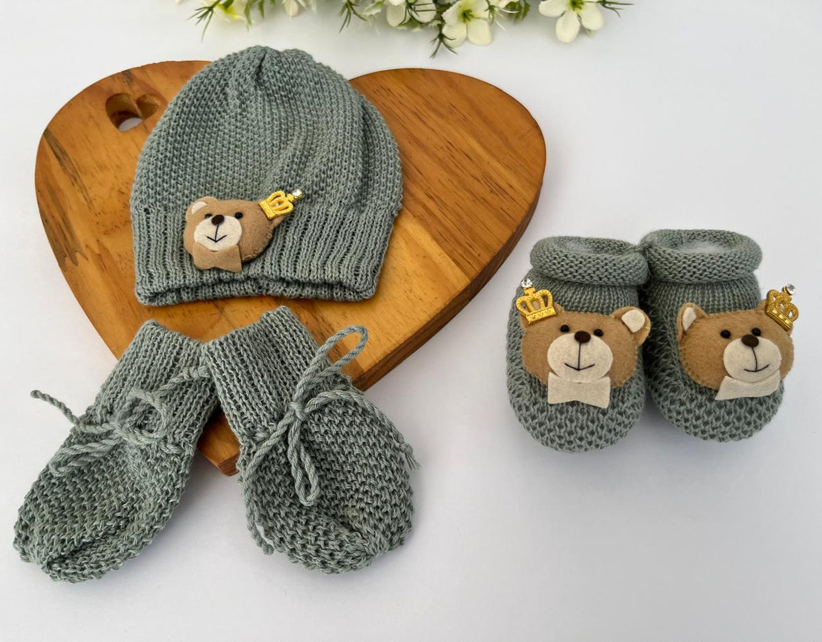 Touca Luva Sapatinho Bebê Urso Princípe