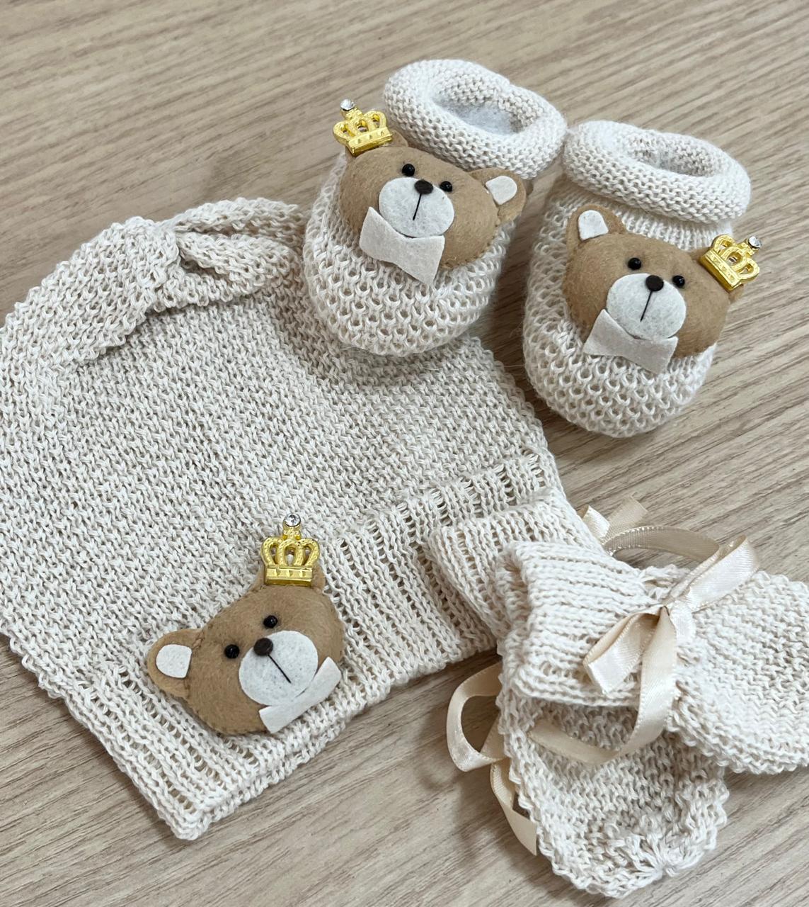 Touca Luva Sapatinho Bebê Urso Princípe