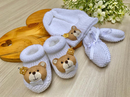 Touca Luva Sapatinho Bebê Urso Princípe
