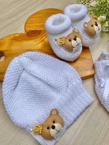 Touca Luva Sapatinho Bebê Urso Princípe