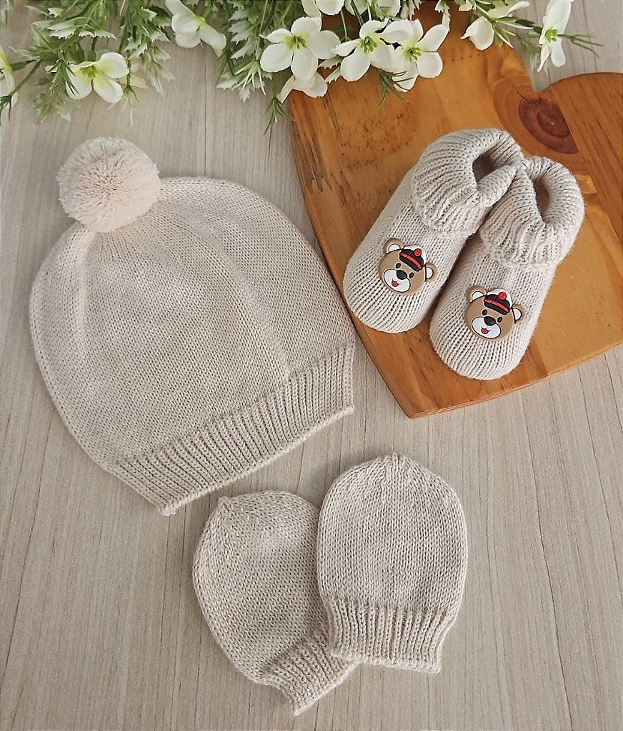 Touca Luva Sapatinho Bebê Tricot Urso Marinheiro