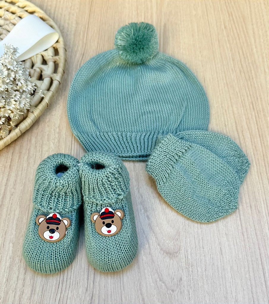 Touca Luva Sapatinho Bebê Tricot Urso Marinheiro