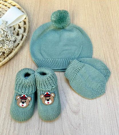 Touca Luva Sapatinho Bebê Tricot Urso Marinheiro